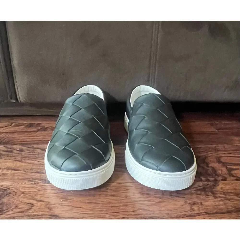 $1095 NIB Bottega Veneta Intrecciato Leather Slip-On Sneakers Black White 9(42)
